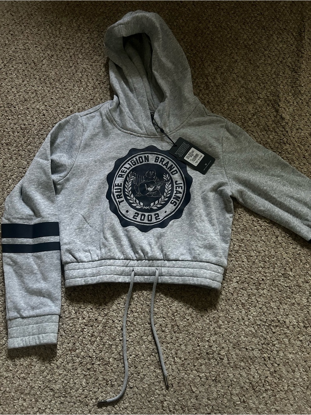 NWT True Religion Gray Cropped Hoodie with Logo Womens